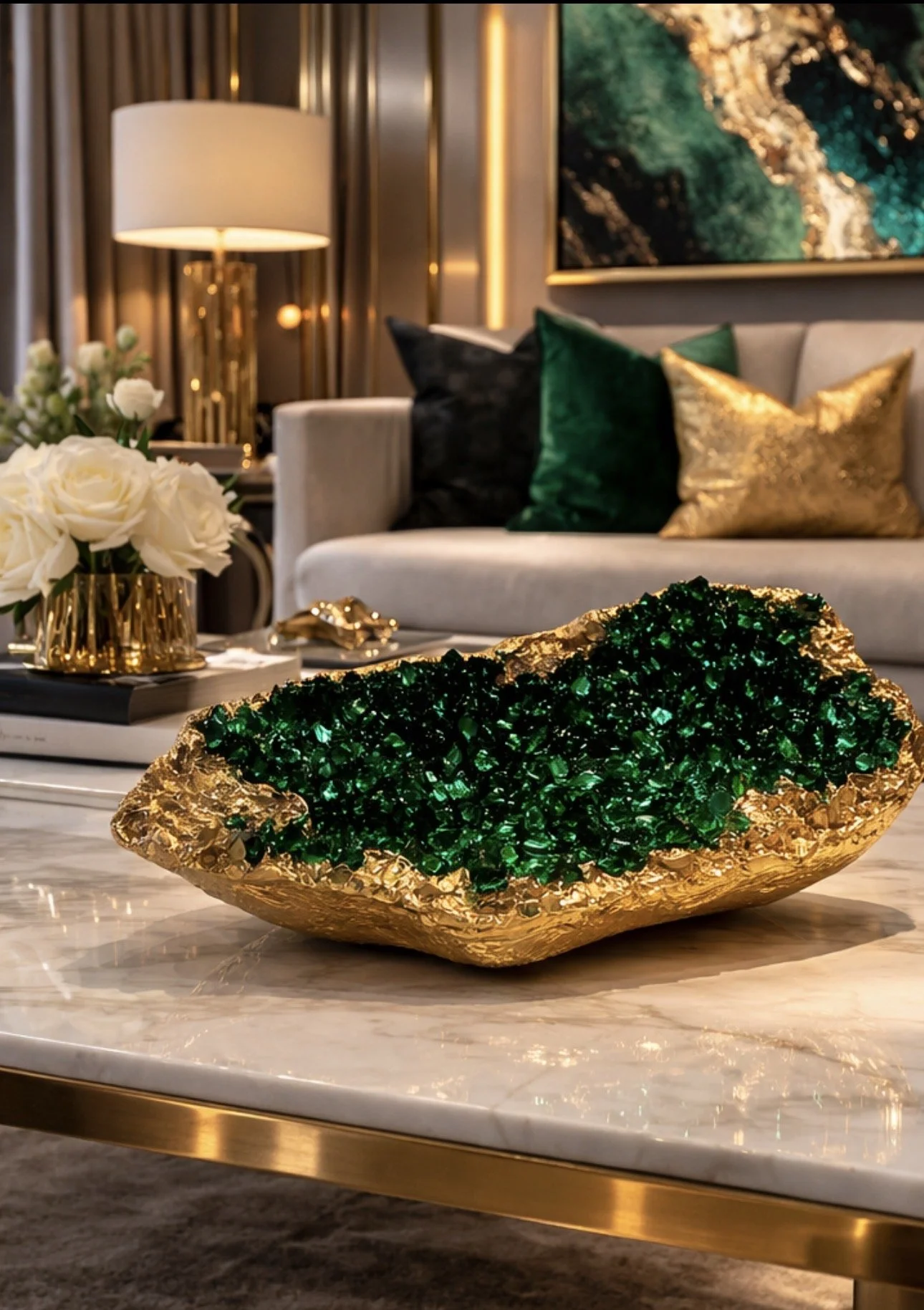 Emerald malachite geode sculpture with crystal texture and gold edges by Zareena Zaid