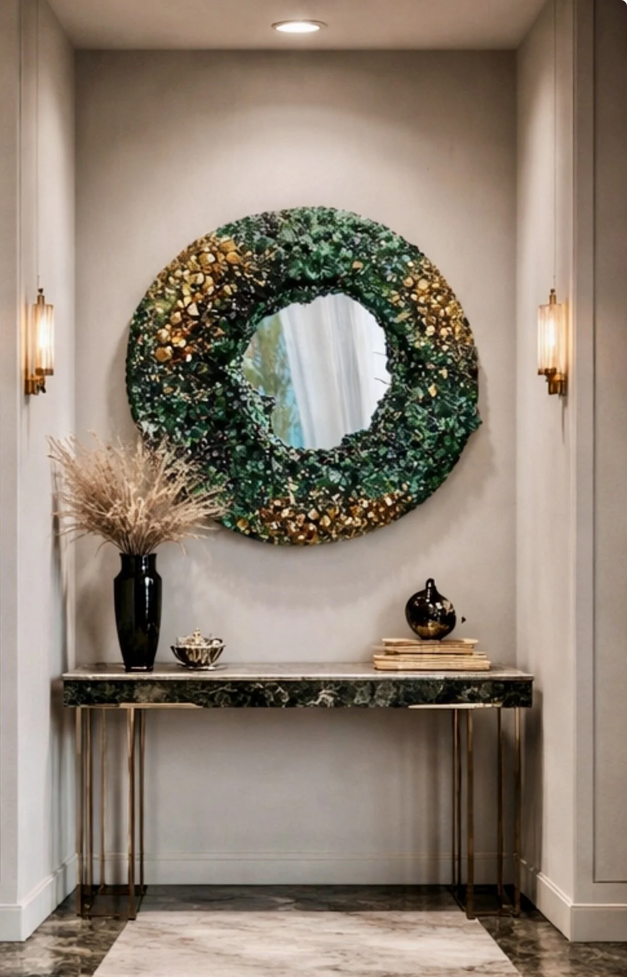 Malachite geode mirror wall art styled in contemporary luxury interior