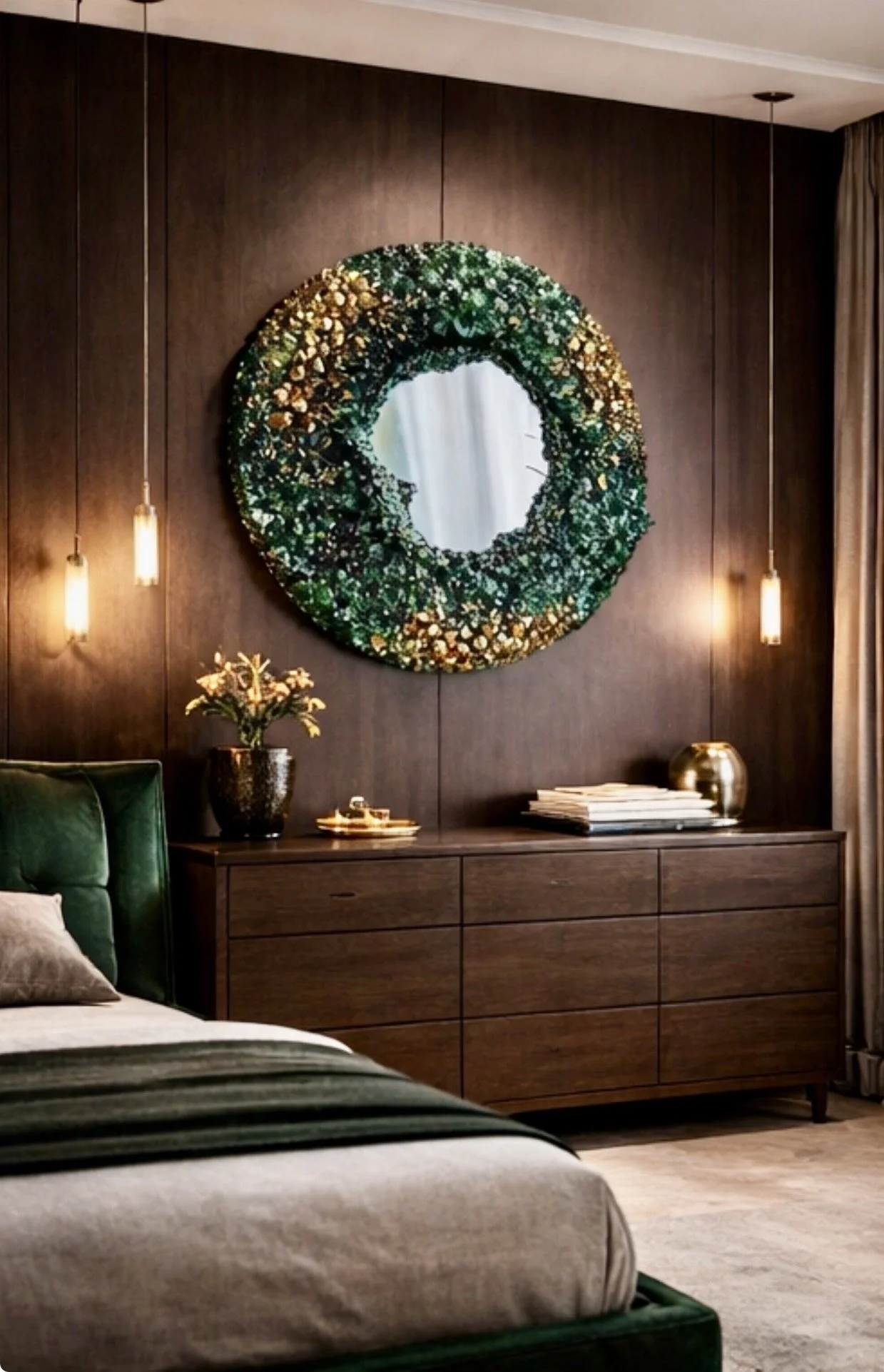 Malachite geode mirror wall sculpture displayed in modern living room