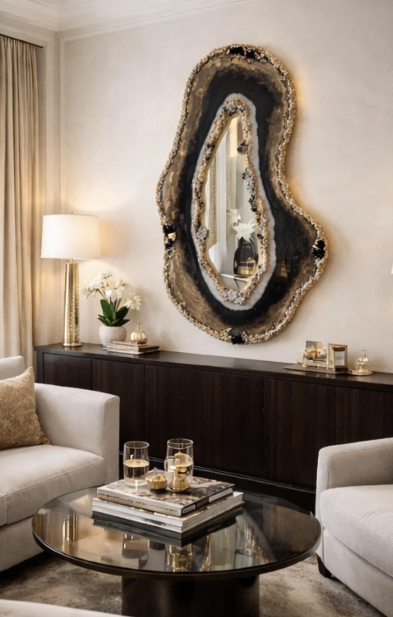 Obsidian Crown crystal geode mirror wall sculpture styled in contemporary interior by artist Zareena Zaid