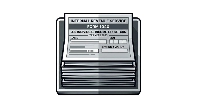 Stack of tax forms labeled 'Form 1040' from the IRS for the 2023 tax year.