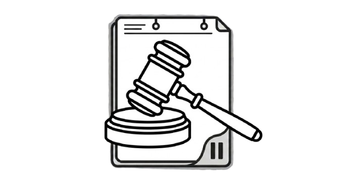A gavel next to a document with a magnifying glass icon, representing legal or judicial proceedings.
