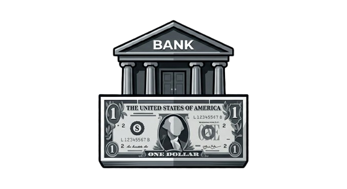 Illustration of a bank building with a dollar bill in front of it, representing banking or finance.