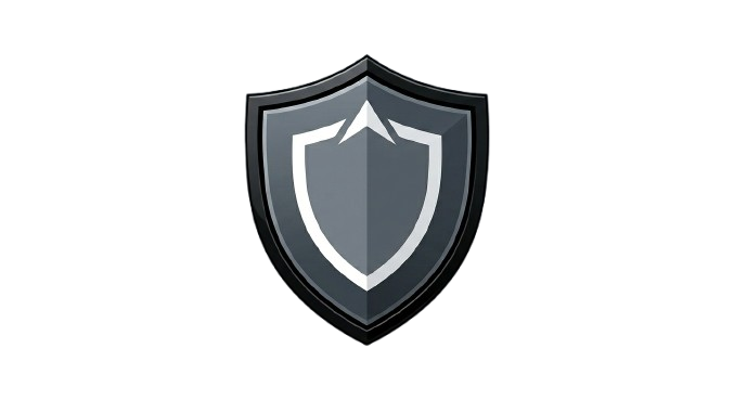 A shield emblem with a dark gray and black color scheme, featuring a smaller shield outline within. The shield has a reflective effect and a yellow diagonal line at the bottom right.