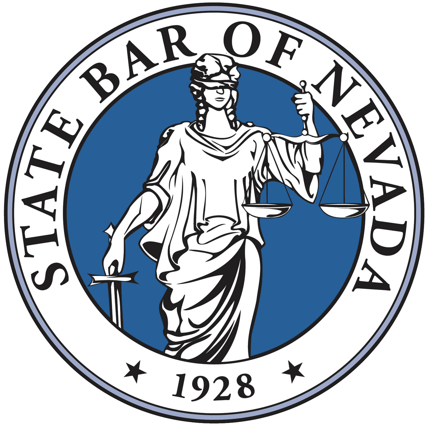 Seal of the State Bar of Nevada, featuring Lady Justice holding scales and a sword, with the text 'STATE BAR OF NEVADA' and the year '1928.'