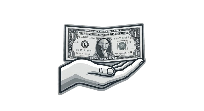 A graphic illustration of a hand holding a one-dollar bill.