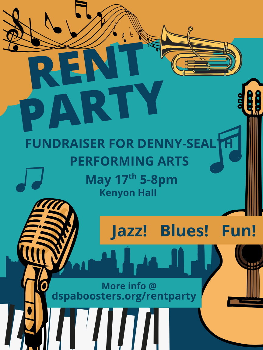 Event poster for a rent party fundraiser featuring performing arts. The poster displays a microphone, a guitar, a saxophone, musical notes, and a city skyline in the background. The event is scheduled for May 17th, 5-8 pm at Kenyon Hall, with music g