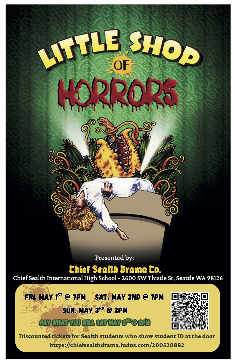 A promotional poster for a theatrical production titled "Little Shop of Horrors" featuring a giant, monstrous plant with yellow and orange tendrils, a human figure with curly blond hair lying in its opening, and the event details at the bottom.