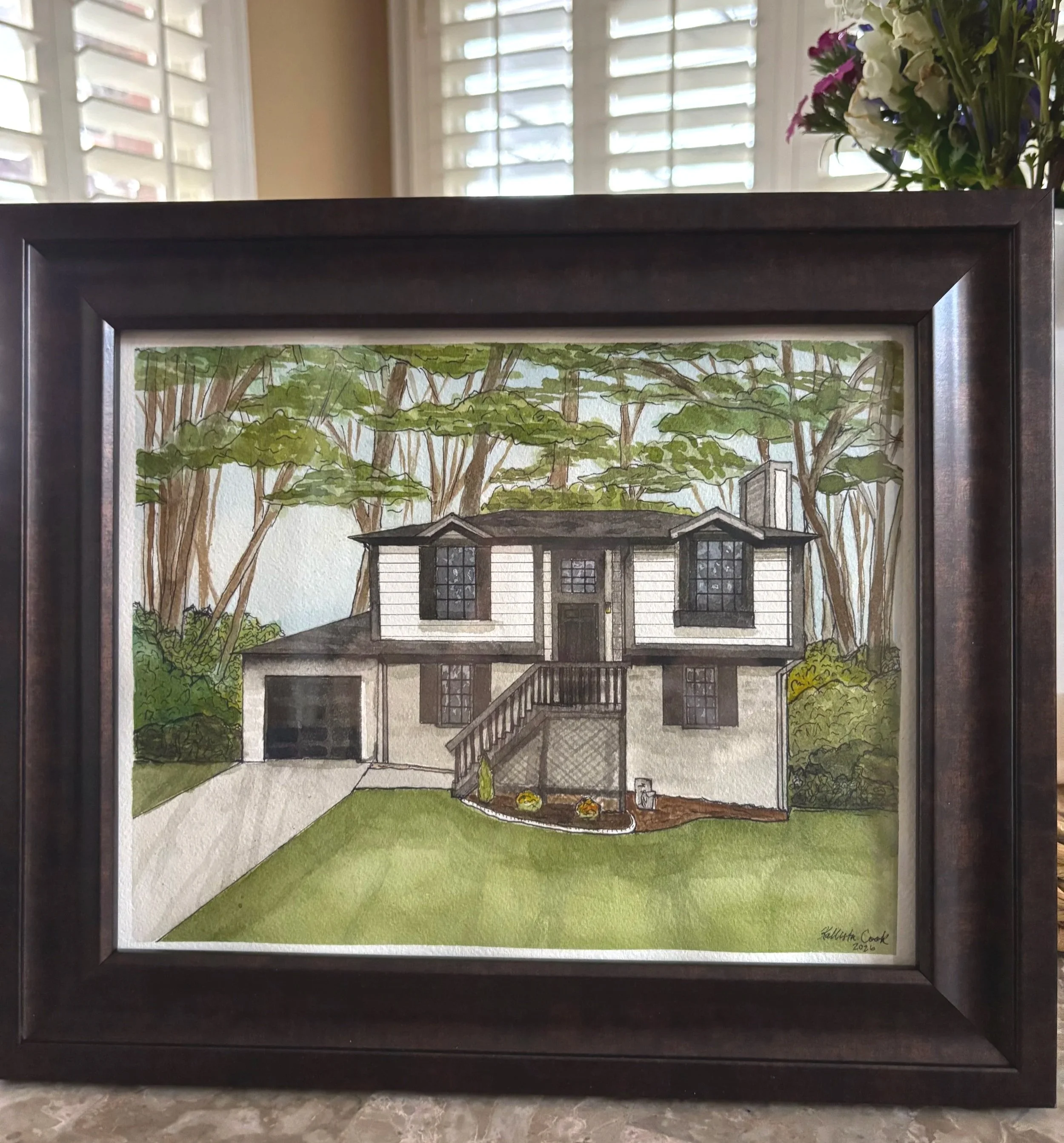 Painting of a two-story modern house with white and black exterior, large windows, and a small front staircase, surrounded by trees and greenery.