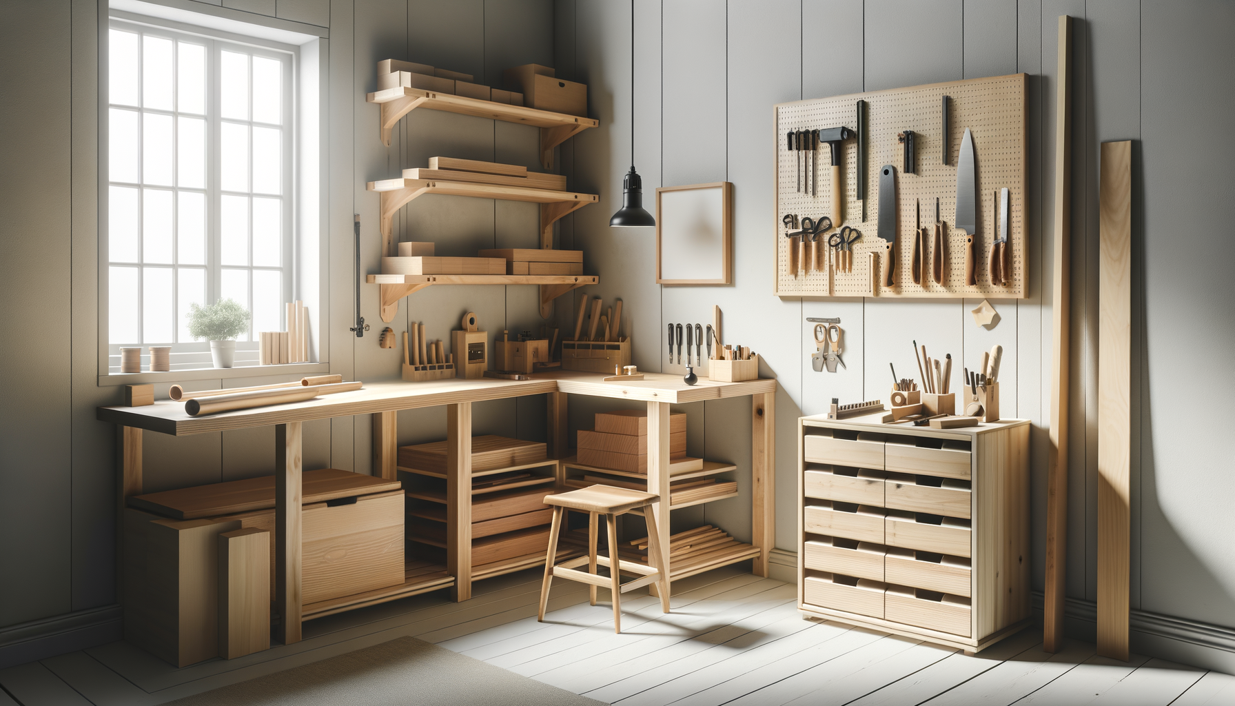 A neatly organized woodworking workshop with shelves, a workbench, and a pegboard with various tools. Natural light coming through a window illuminates the space.