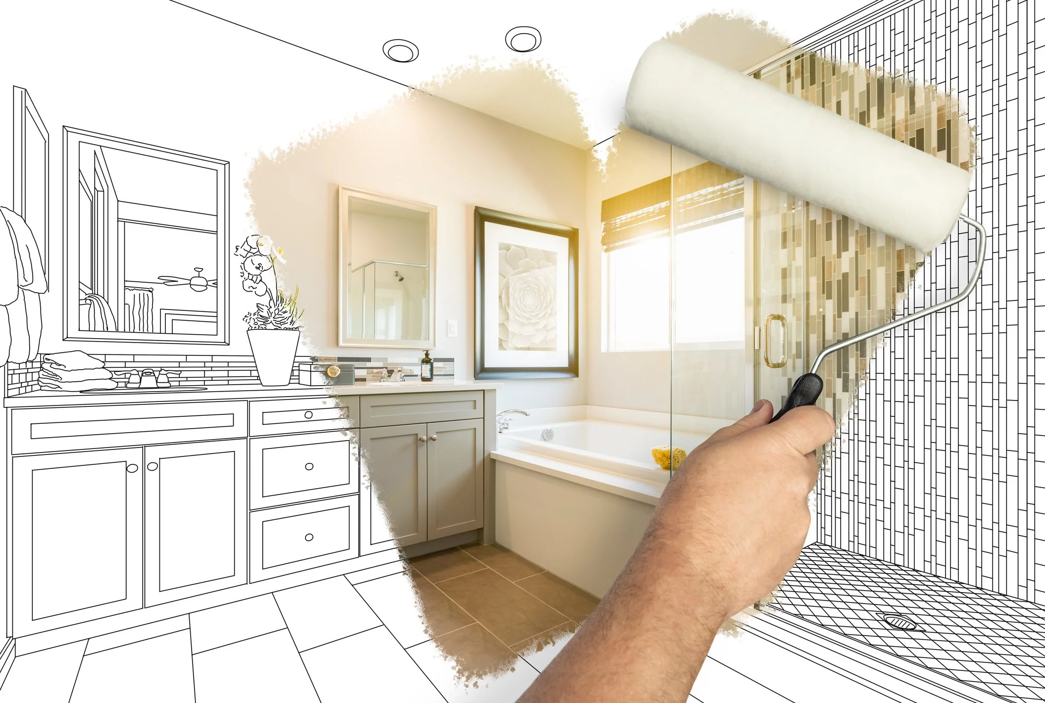 A bathroom with a black and white line drawing on the left side and a photograph on the right side, showing a person using a paint roller to apply white paint on a bathroom wall covered in mosaic tiles, next to a bathtub, mirror, and window.