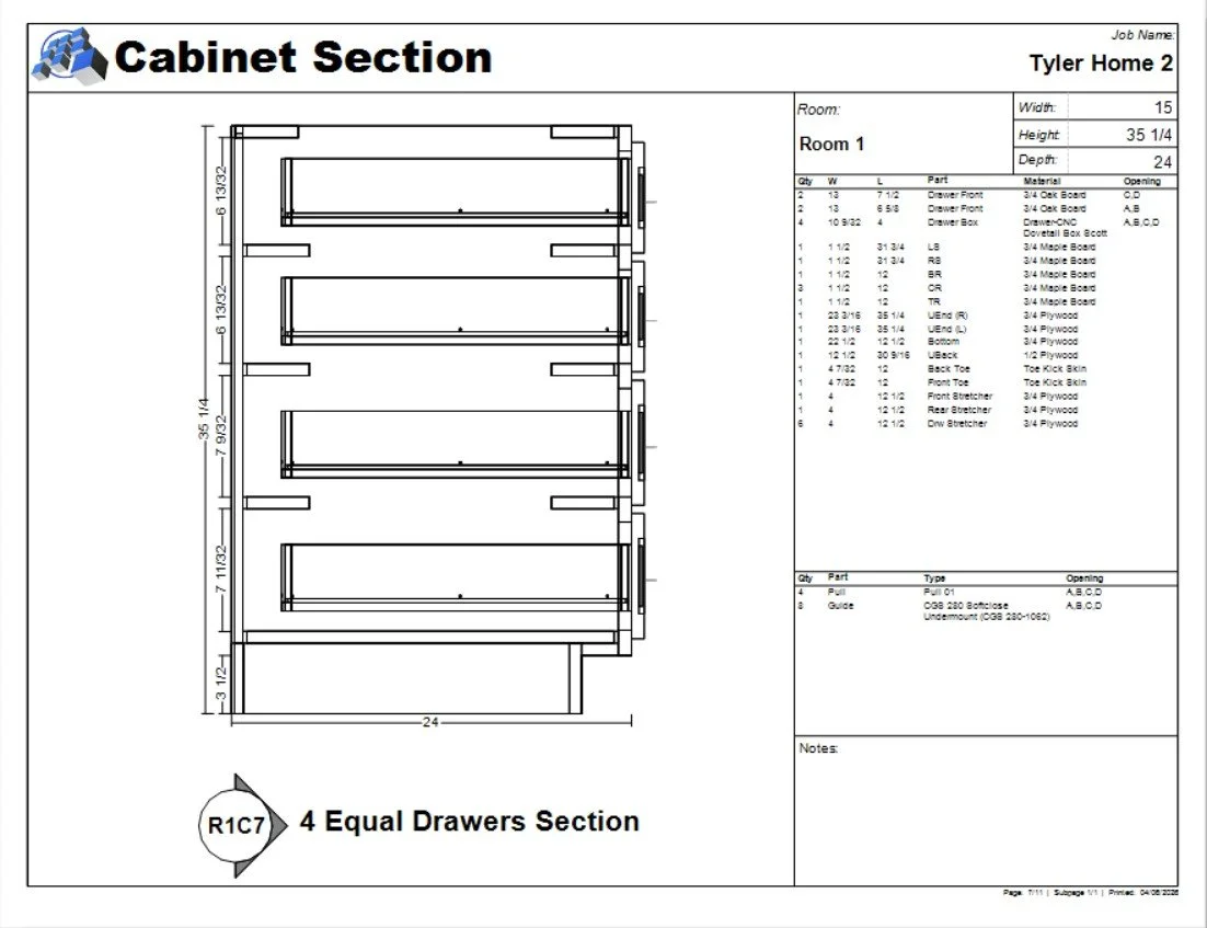 Blueprint of a cabinet section showing four equal drawers with dimensions and parts listed.