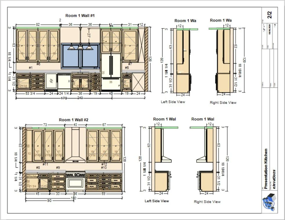 Kitchen cabinet and appliance layout blueprint showing front and side views with measurements.