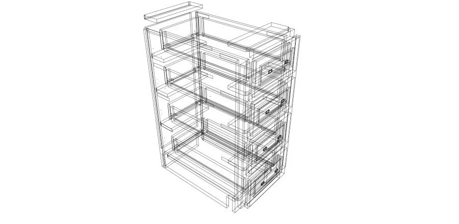 Wireframe 3D drawing of a multi-drawer storage cabinet with several shelves.