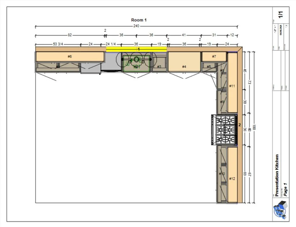 Floor plan of a U-shaped kitchen with labeled cabinets and appliances, including a stove, sink, and various storage units, with detailed measurements.
