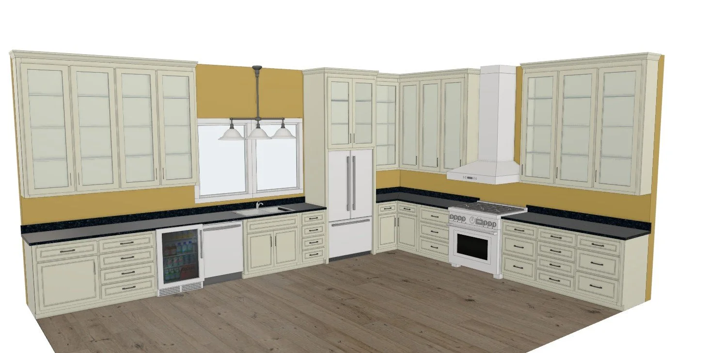 A 3D rendering of a kitchen with cream cabinets, black countertops, a white refrigerator, a stove, a range hood, and a small drink refrigerator, with yellow walls and a wooden floor.