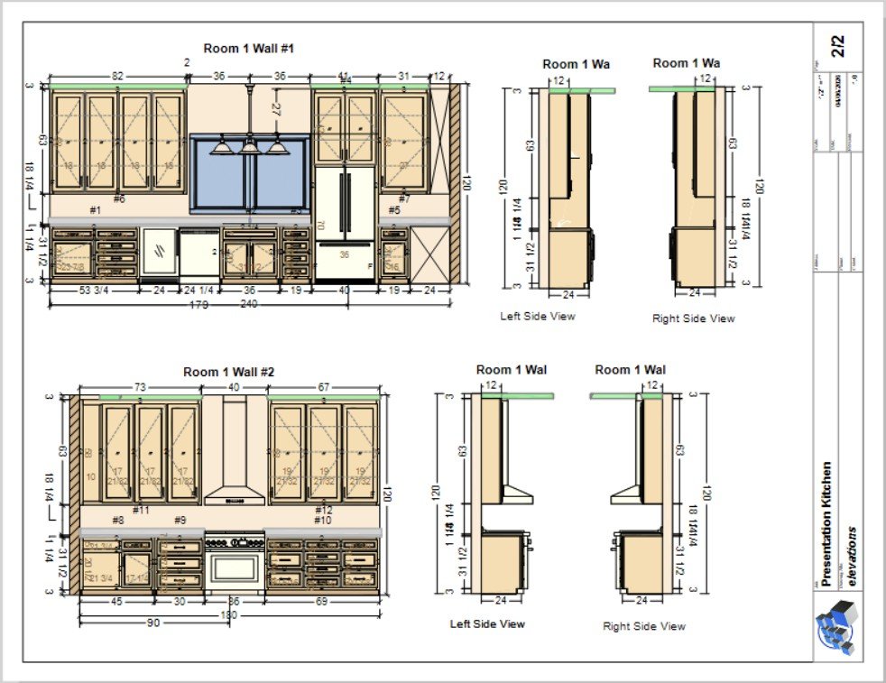 Kitchen cabinet and appliance design blueprint showing front and side views of cabinetry, including dimensions and layout for room 1 walls and elevations.