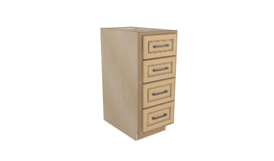 Wooden filing cabinet with four drawers, standing on a plain white background.