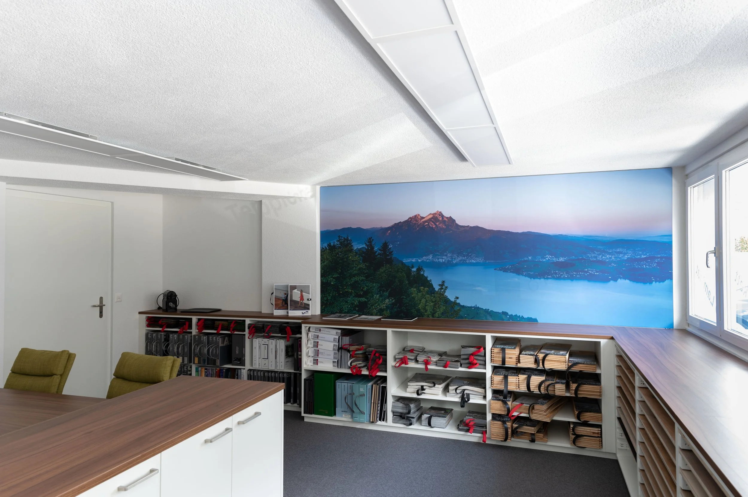 Ein Büro mit weißen Wänden, hellgrauem Teppichboden, großen Fenstern und einer Muralaufnahme eines Bergsees bei Sonnenuntergang an der Wand. Es gibt Bücherregale und einen langen Tisch mit grünen Stühlen.