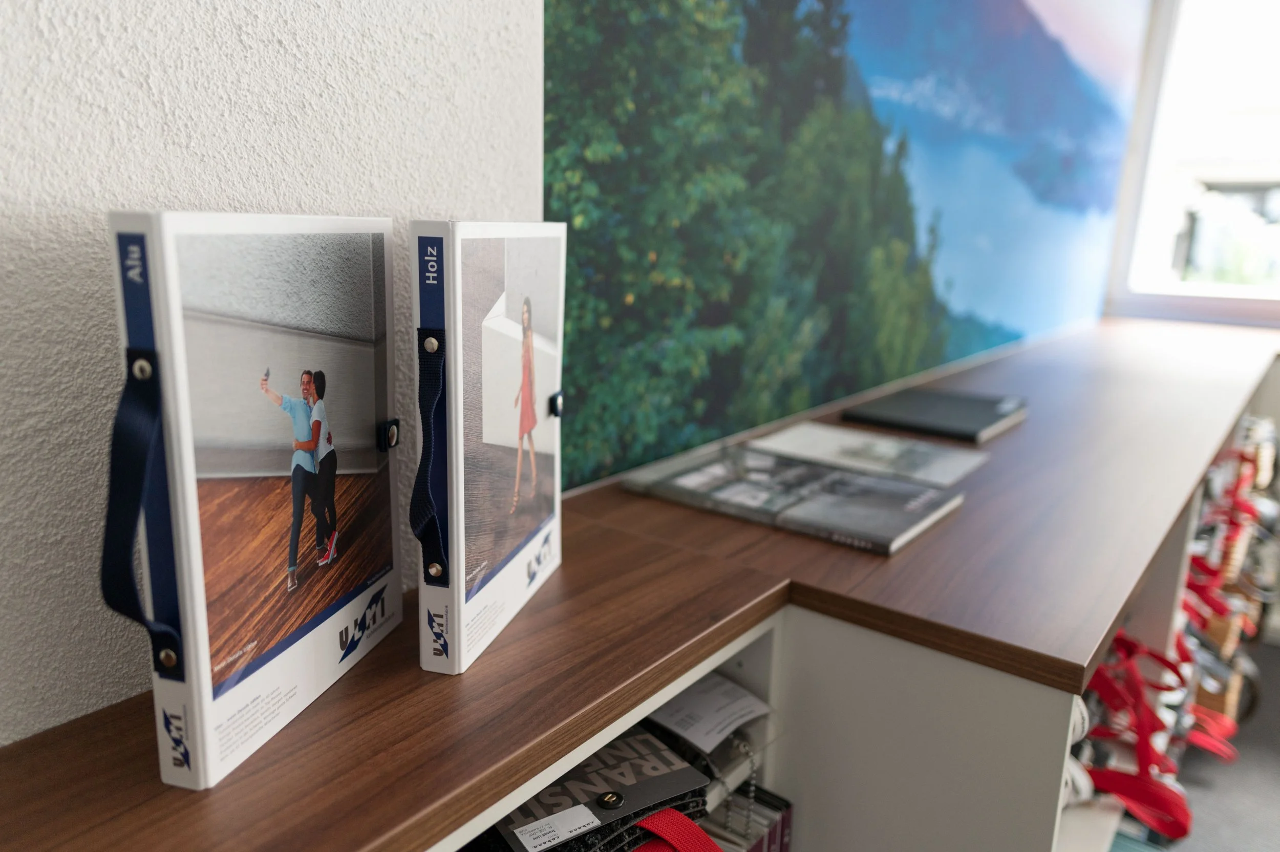 Fotobücher auf einem Tisch, mit einem Wandbild im Hintergrund, und mehr Bücher oder Zeitschriften auf einem Regal darunter.