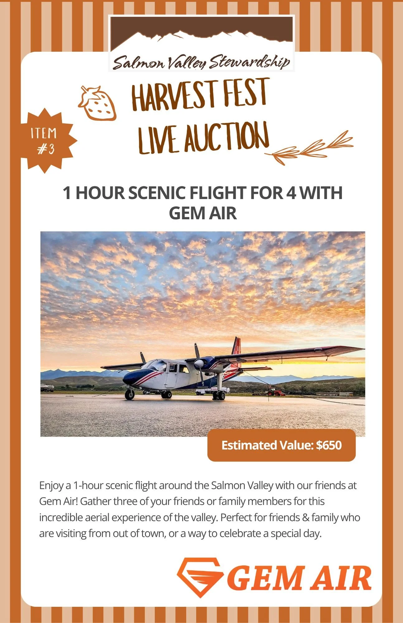 One of our longtime Harvest Fest sponsors, @gemairflights has donated a scenic flight for 4 for our live auction! Enjoy a scenic one-hour flight around the Salmon Valley with family and friends. Bid on this experience and others during the live aucti