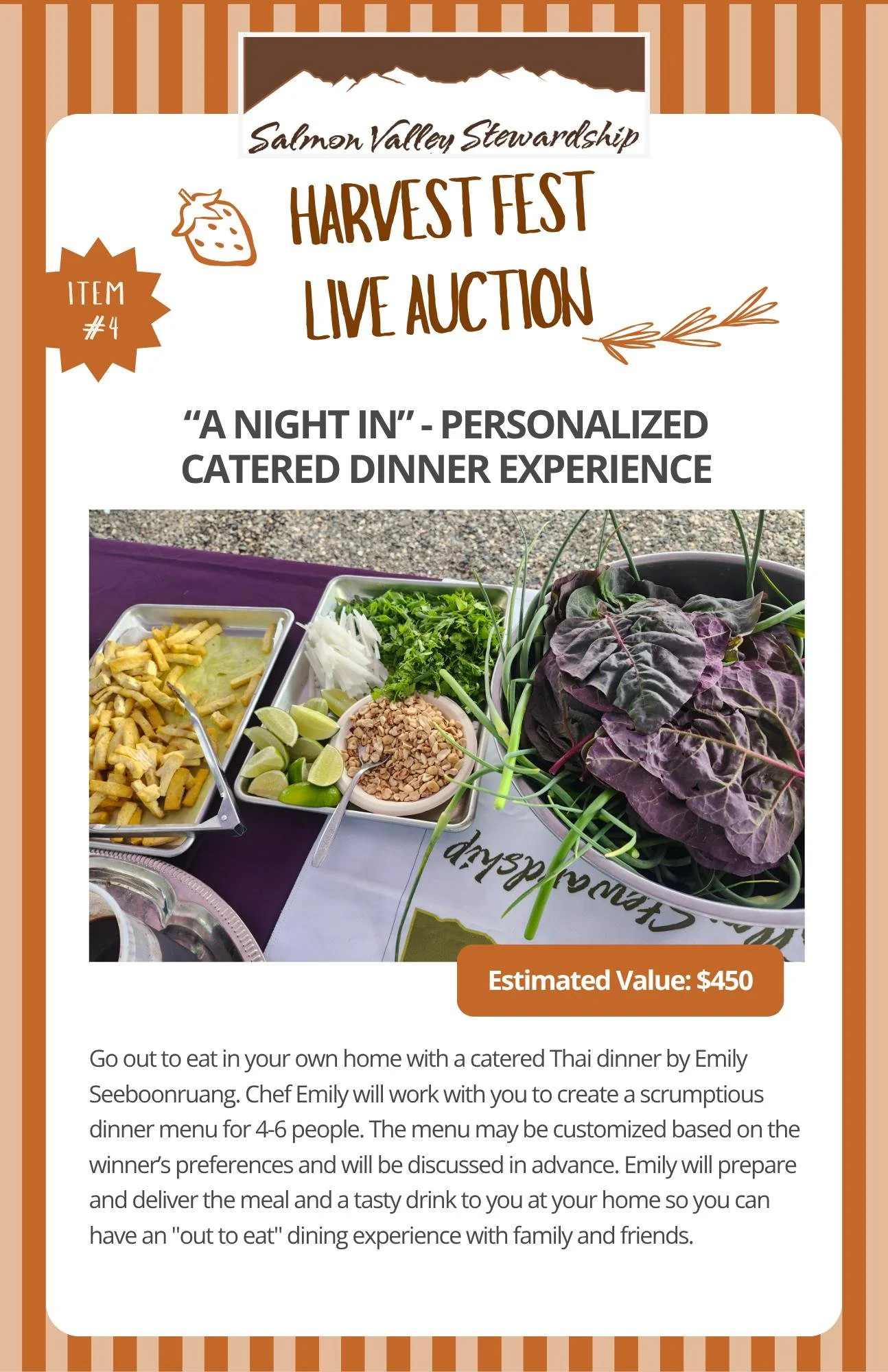 Another live auction experience to bid on at Harvest Fest in 10 days..."A Night In" catered dinner for 4-6 people by Chef Emily! Emily Seebonruang will work with the winner to create a custom Thai dinner for you and your family/friends. She