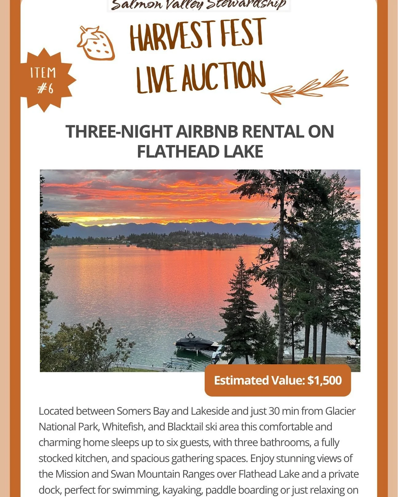 Another unique experience for our live auction coming up on Friday September 18th - a three-night stay at the Super family's Airbnb on Flathead Lake! Located between Somers Bay and Lakeside and just 30 minutes from Glacier National Park, Whitefish, a