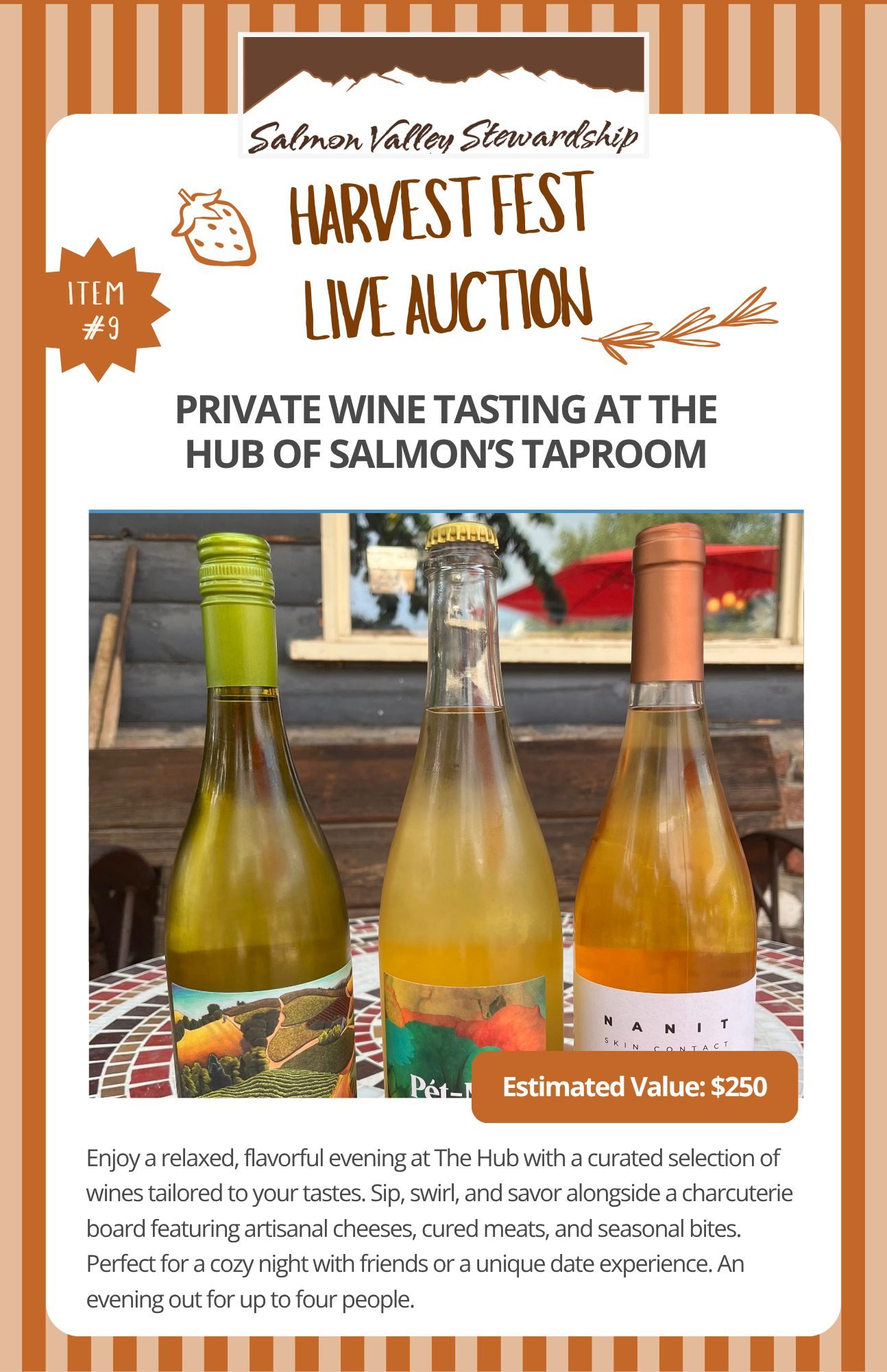 Another live auction experience is a personalized wine tasting for up to four people at @salmon.hub.taproom! Work with Jessa to create a curated selection of wines to sample over charcuterie. Perfect as a date night or fun evening with friends. Place