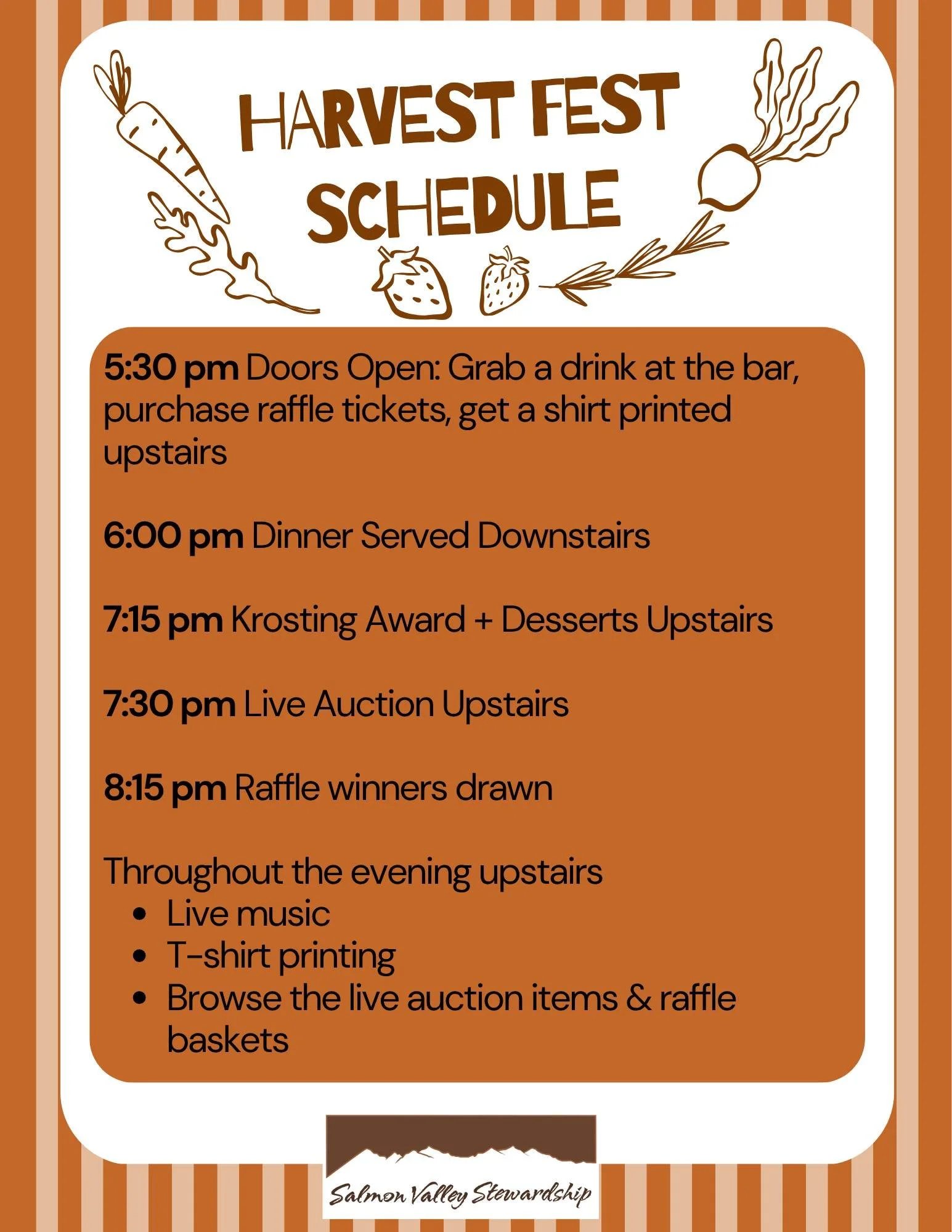 Looking for Friday night plans? Even if you plan to attend the Homecoming football game, come grab dinner before the game! Doors open for Harvest Fest at 5:30 pm. The bar will be open, you can purchase dinner tickets and raffle tickets, and browse th