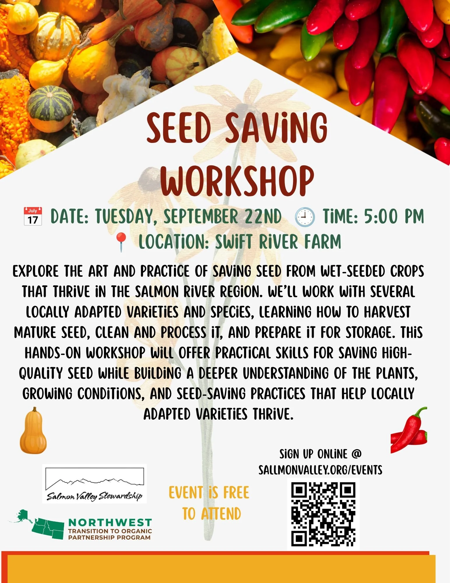 Our final TOPP workshops are coming up tomorrow and Wednesday in partnership with @swiftriverfarmidaho! 

Seed Saving Workshop #1: Wet-Seeded Crops
Tuesday, September 22, 2026
5:00 PM -7:00 PM @ Swift River Farm
Explore the art and practice of saving