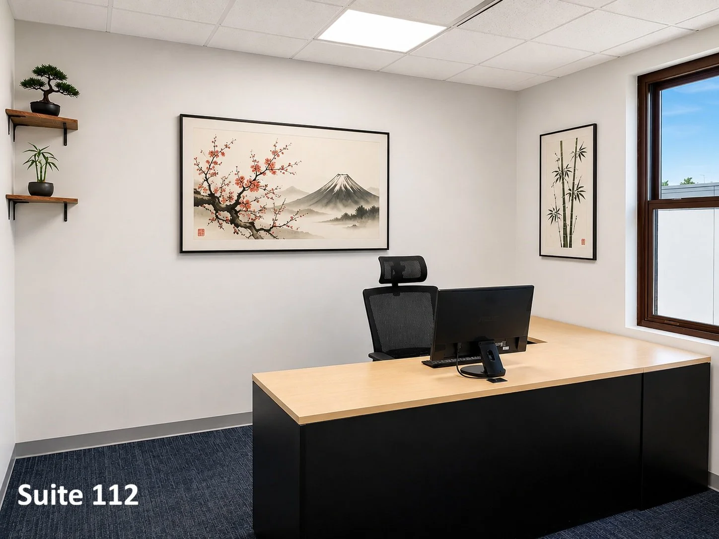 A bright, professionally appointed private office featuring natural light, executive-style furnishings, and a refined atmosphere ideal for focused work, client meetings, and daily business operations.