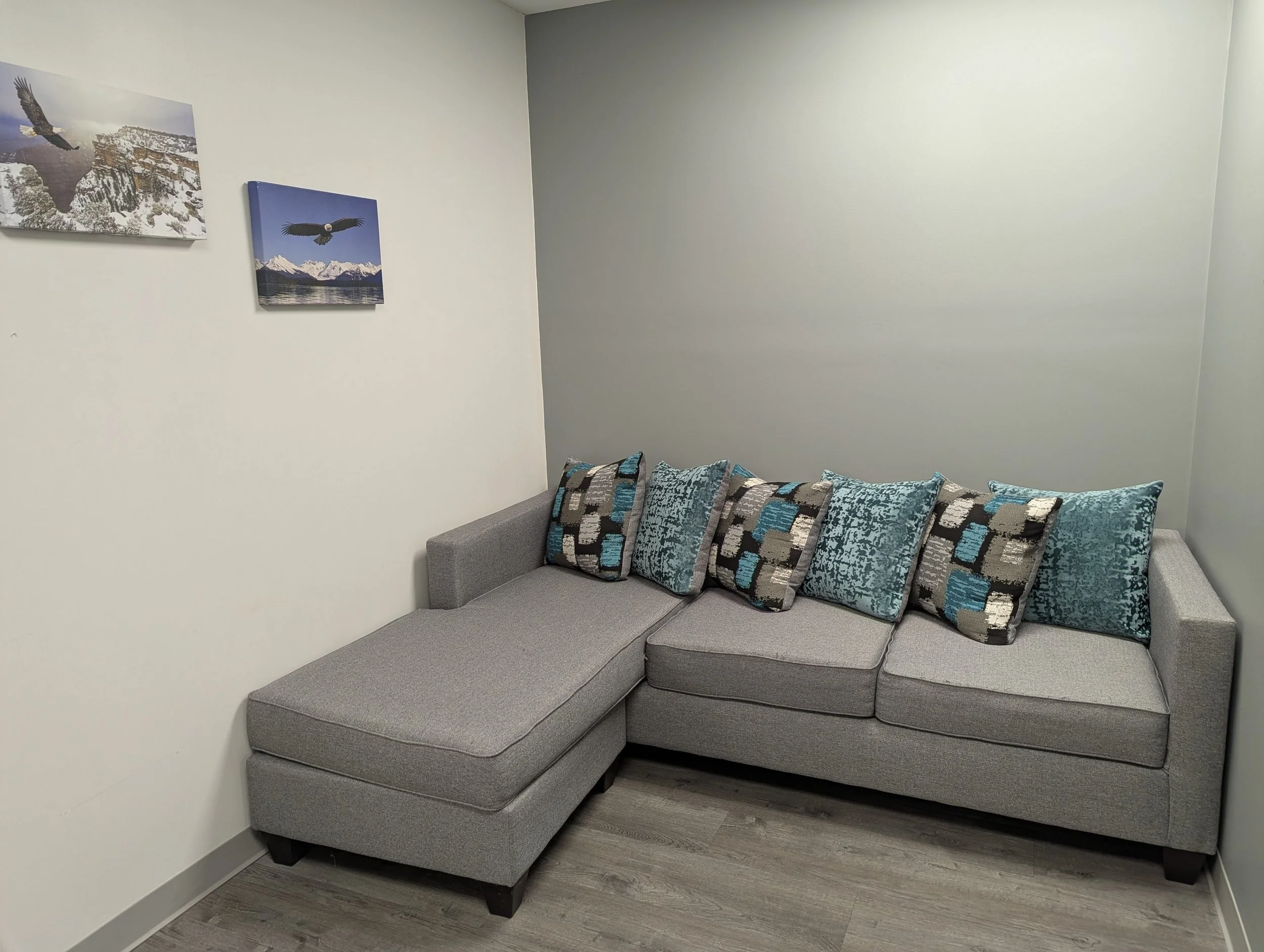 One of two lounges at Noble Executive Suites.  This area provides business professionals with a space to take a well-deserved break.