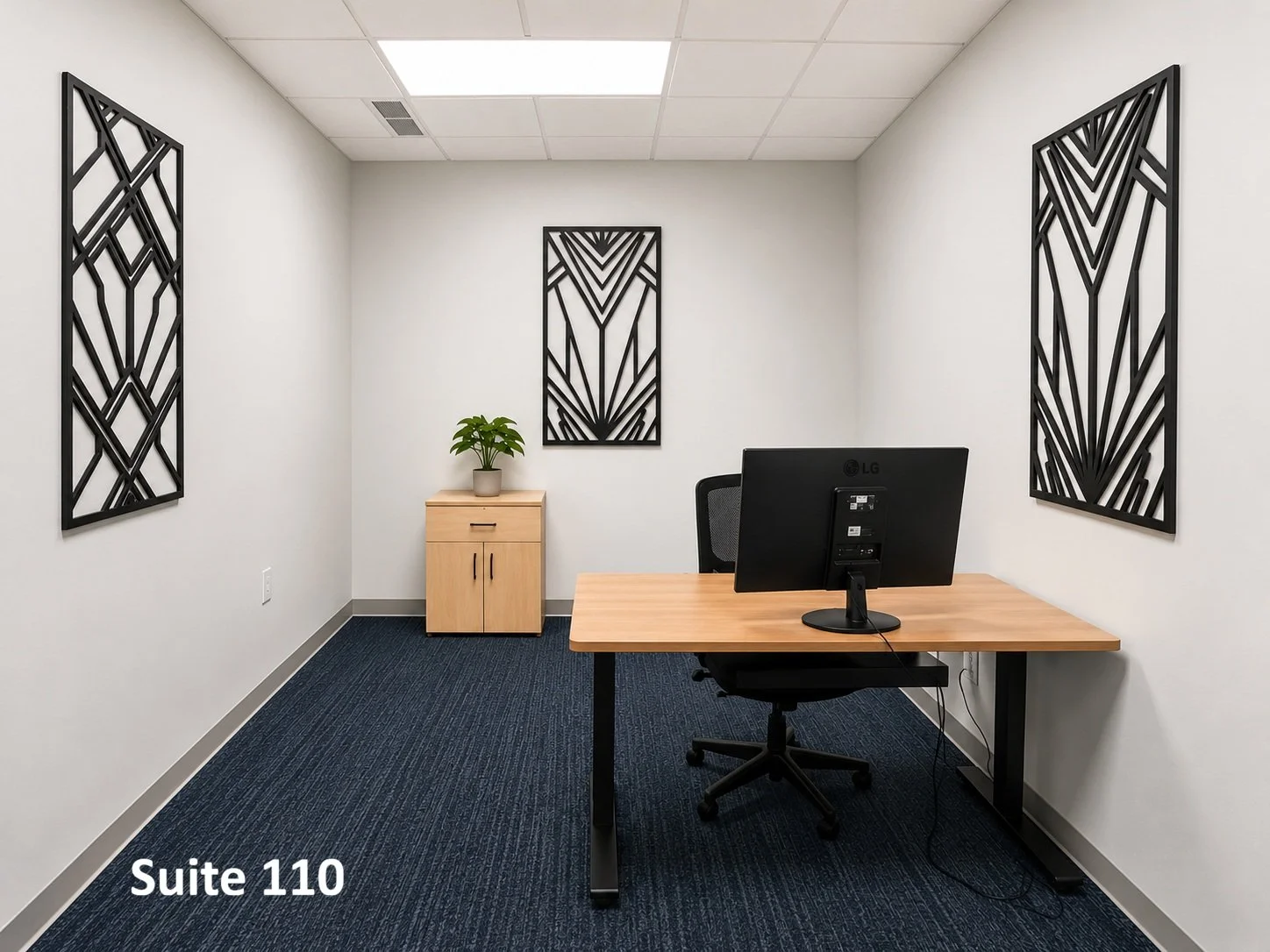 Suite 110 is a quiet, professional office designed for focused productivity, featuring a clean modern layout and a convenient storage niche.  Also ideal for private meetings.