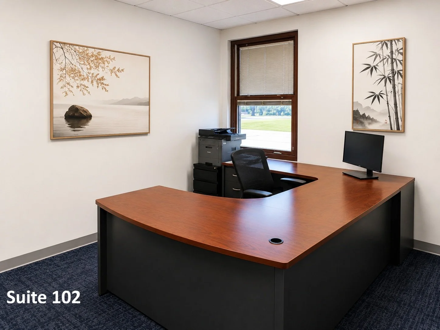 Suite 102 is a professional private office featuring an executive workstation, natural light, and a refined layout designed to support productivity, client meetings, and day-to-day business operations.
