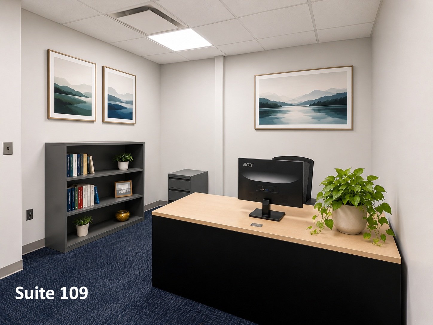 Suite 109 is a quiet, distraction-free private office with a clean contemporary design, offering a focused and professional environment ideal for independent work, virtual meetings, and day-to-day business operations.