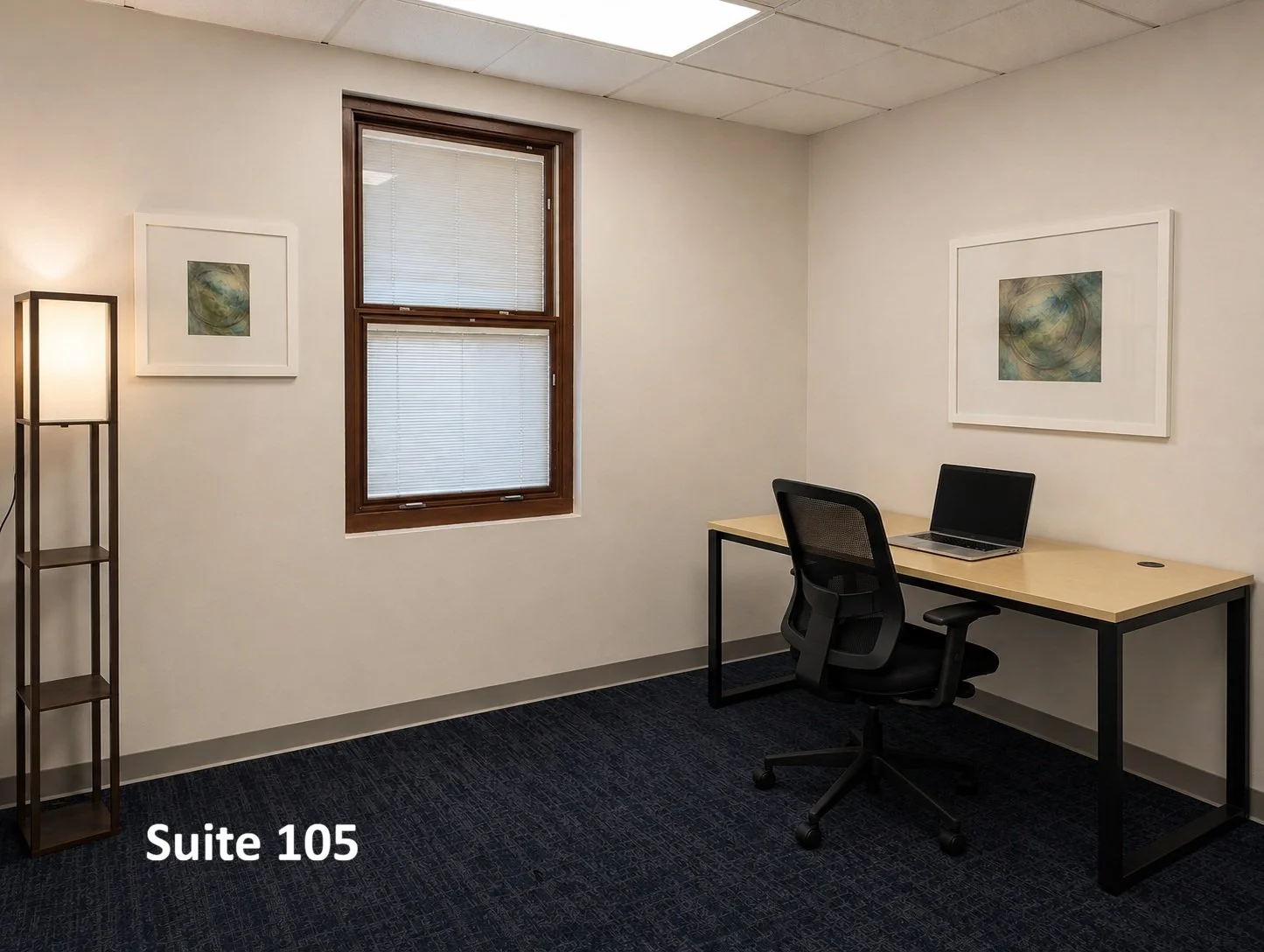 Suite 105 is a quiet, private office space with a clean contemporary design, ideal for independent professionals seeking a focused and comfortable work environment.
