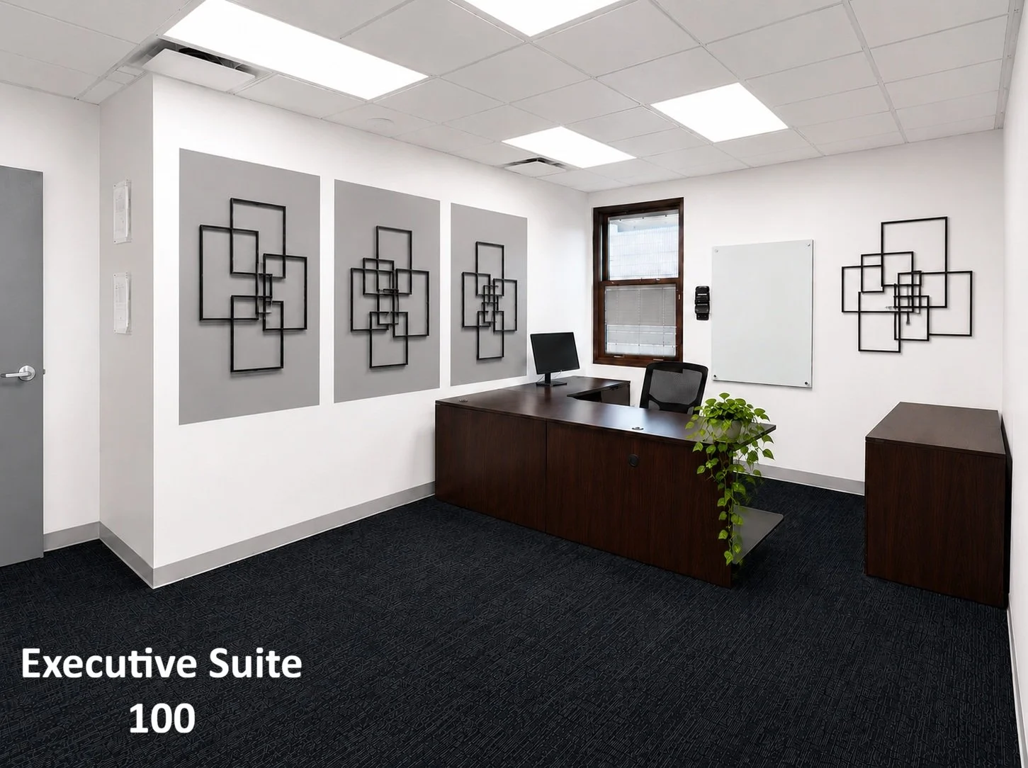 Executive Suite 100 is a fully furnished private office designed for productivity and professionalism, featuring executive-style finishes, natural light from three windows, and a welcoming layout ideal for client meetings and daily operations.