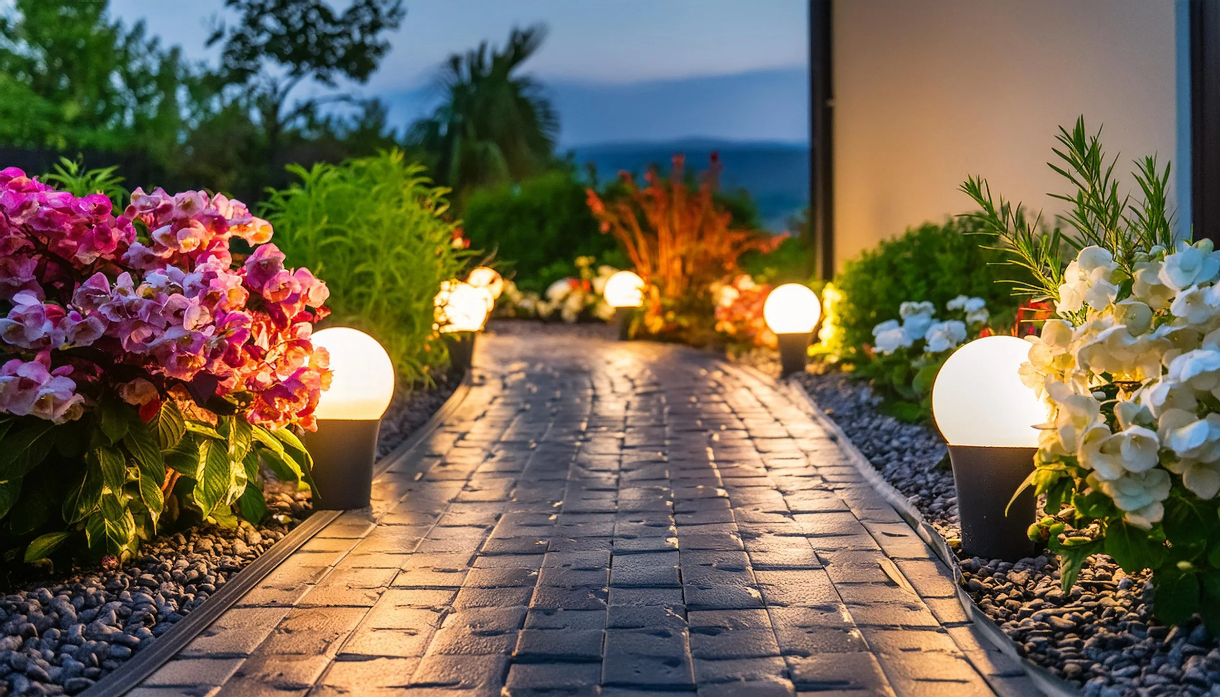 A paved garden path illuminated by glowing round outdoor lights, lined with pink and white flowers and green bushes, with trees and a distant view of water and mountains in the background during twilight.
