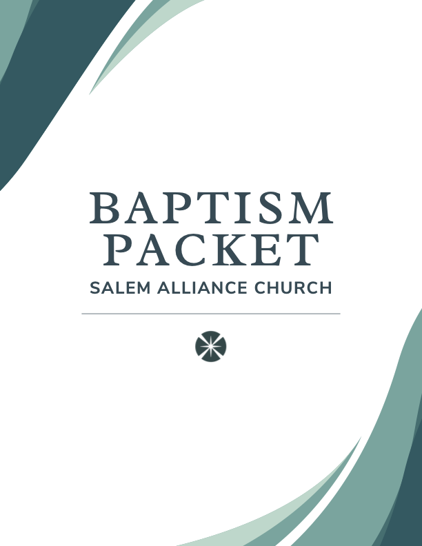 Cover of a baptism packet from Salem Alliance Church, featuring abstract green and teal design elements and a cross icon.