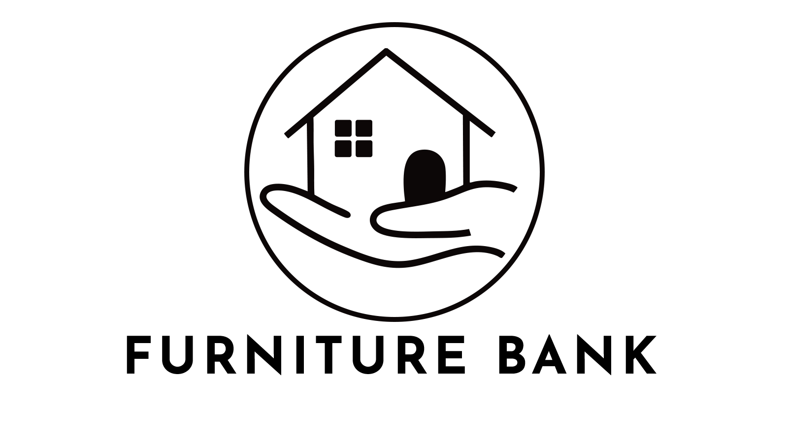 A black and white logo of a house held in a hand, representing the Furniture Bank.