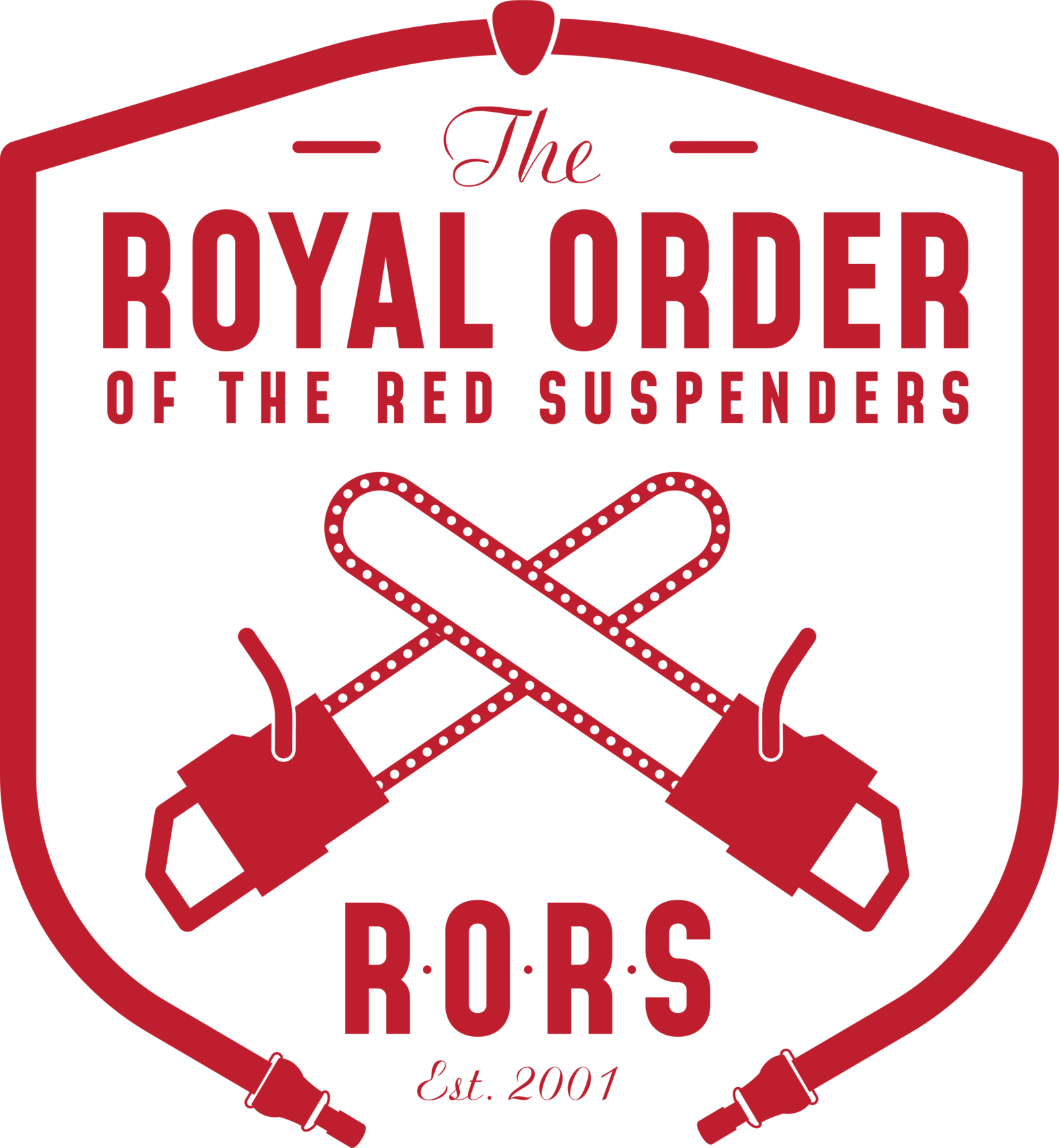 A logo for the Royal Order of the Red Suspenders featuring two crossed red suspenders with buckles, with text indicating the organization's name and establishment year, 2001.