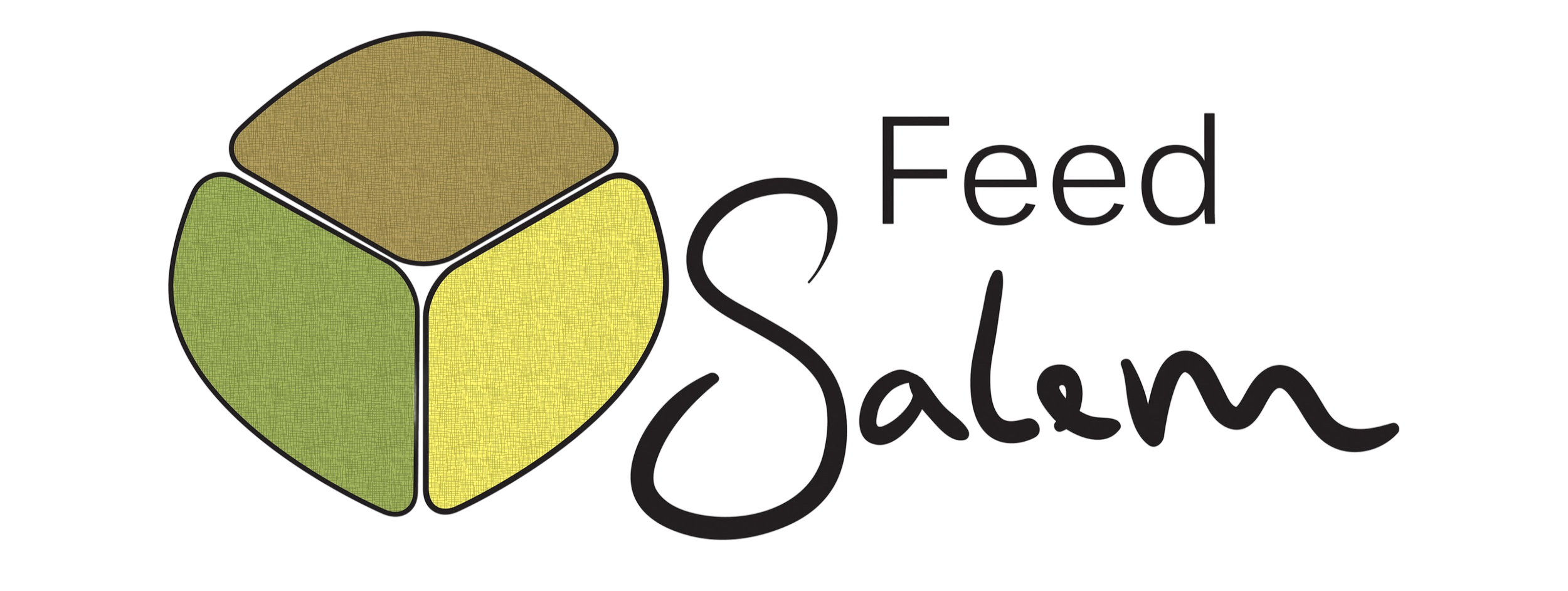 Logo for 'Feed SALEM' featuring a black outlined hexagon divided into three sections with green, yellow, and brown fill, and the words 'feed Salem' in stylized black font.
