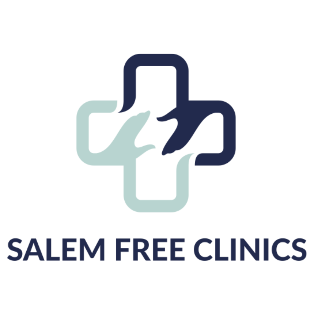 Logo for Salem Free Clinics featuring a cross with a hand reaching across it and text below stating Salem Free Clinics.