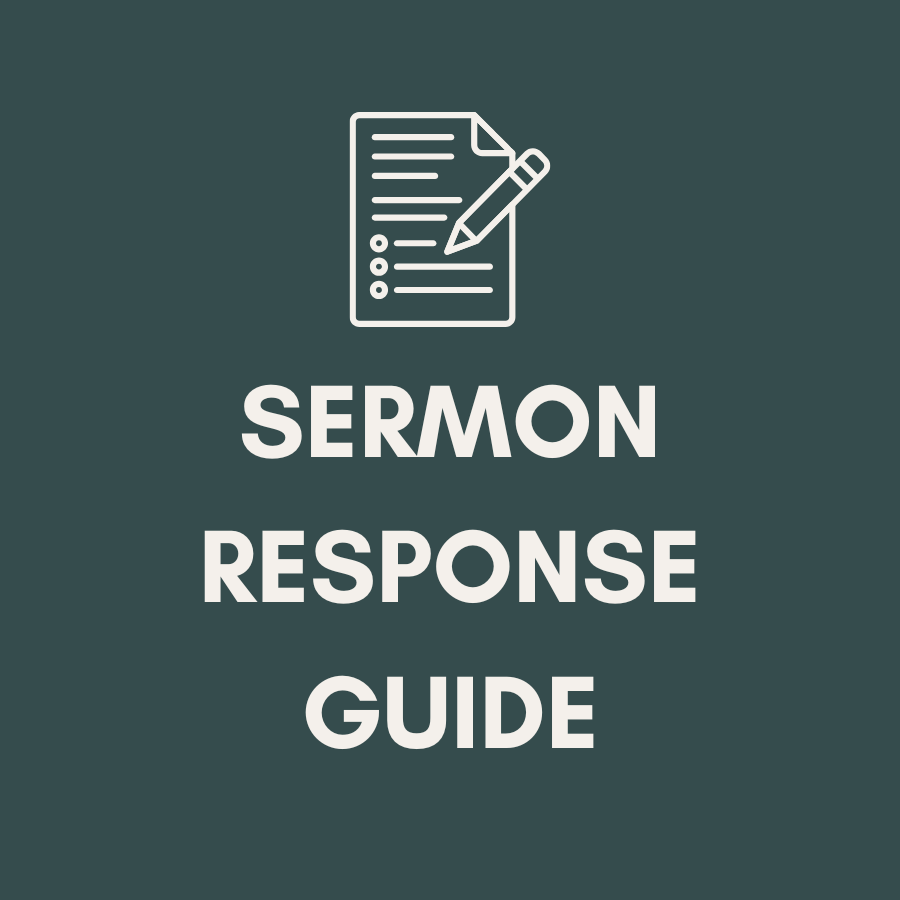 A dark green background with a white outline of a paper and pen icon at the top. Below the icon, the text reads "SERMON RESPONSE GUIDE" in bold uppercase letters.