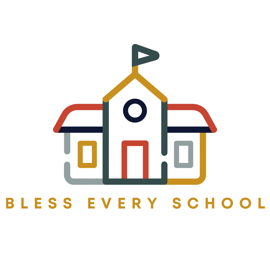 Line drawing of a school building with a bell tower and a flag on top, accompanied by the text 'Bless Every School' below.