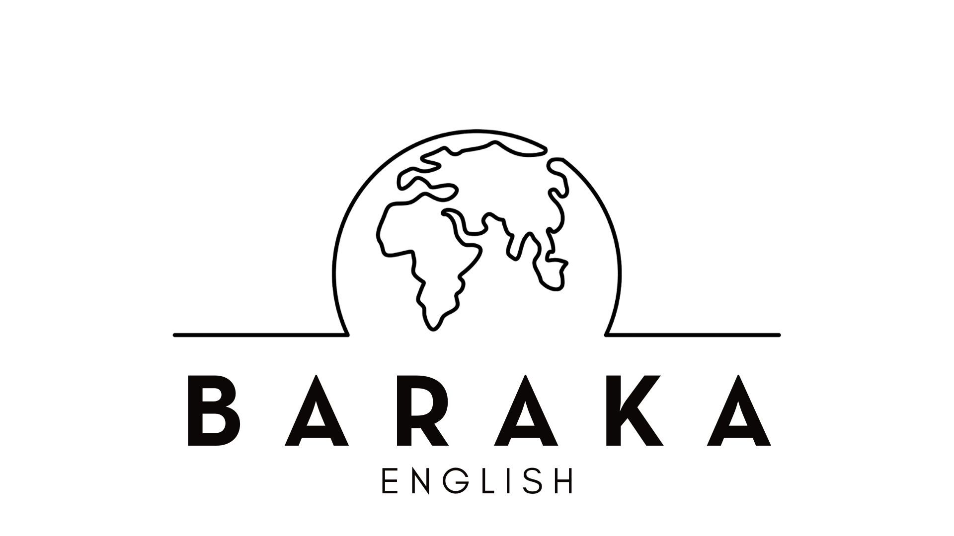 Minimalist line drawing of a globe showing Africa, Europe, and Asia, with the words 'BARAKA ENGLISH' below, against a black background.