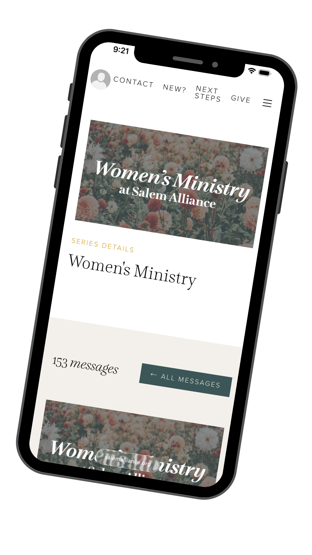 Close-up of a smartphone screen showing a webpage for Women's Ministry at Salem Alliance, with a floral header, a message count, and navigation options at the top.