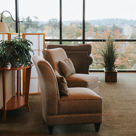 Living room with beige armchair, brown sofa, wooden side table with potted plant, large window with city view, and indoor plants.