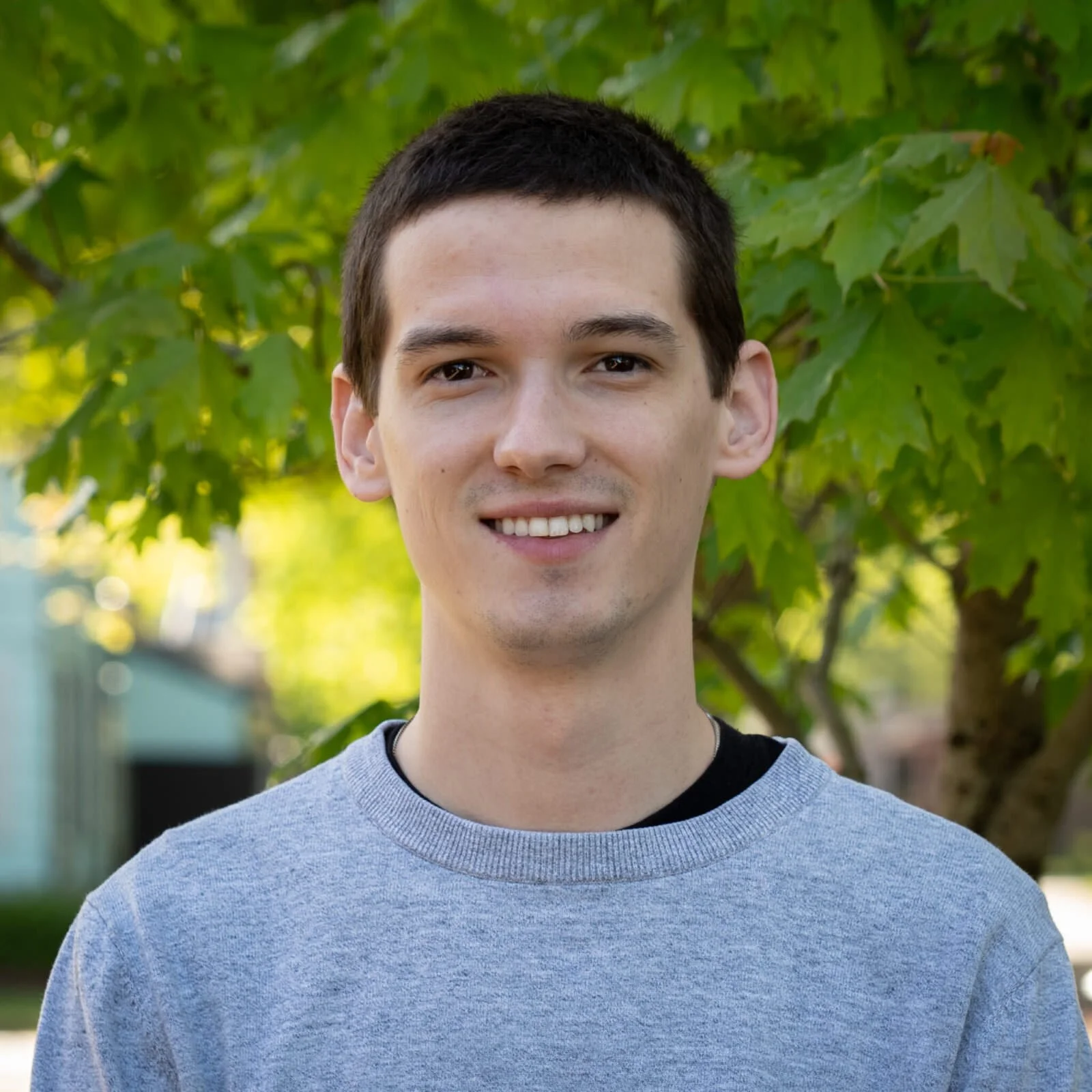 Young man with short dark hair smiling outdoors, wearing a light gray sweatshirt, with green leafy trees in the background.