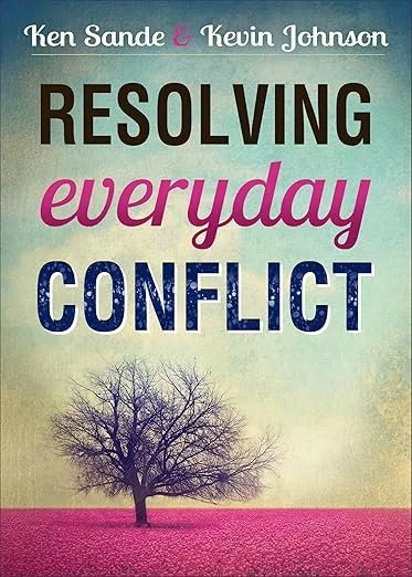 Book cover titled "Resolving Everyday Conflict" by Ken Sande and Kevin Johnson, featuring a leafless tree on a pink ground with a greenish sky background.